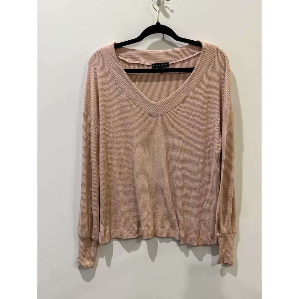Gibsonlook VNeck Ribbed Top Womens Large Pink Excellent Long Sleeve Knit CAR9744